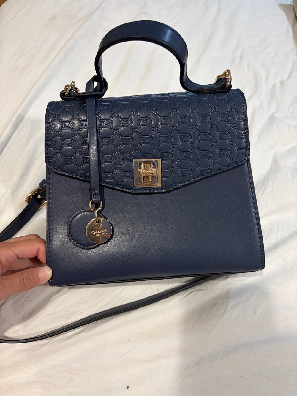 Dune London Navy Embossed Top-Handle Satchel with Gold Hardware
